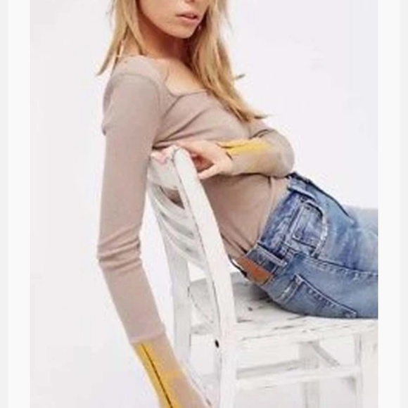 FP |  WTF Taupe Thermal Striped Cuffs Scoop Neck Keyhole Boho Long Sleeve Shirt - Picture 1 of 14